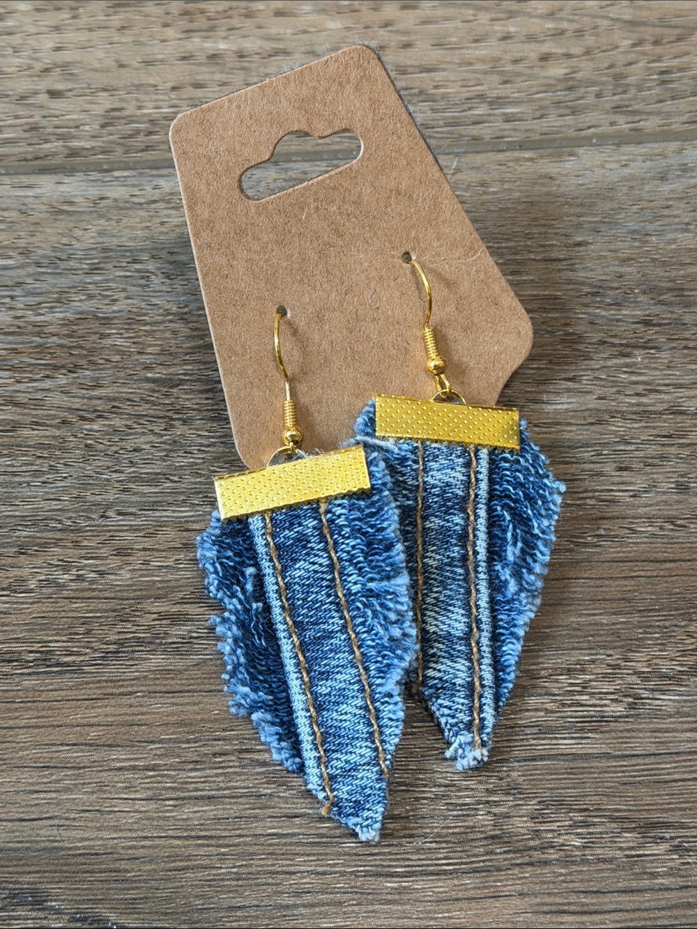 Gold Accent Blue Denim Fringe Drop Earrings - Women
